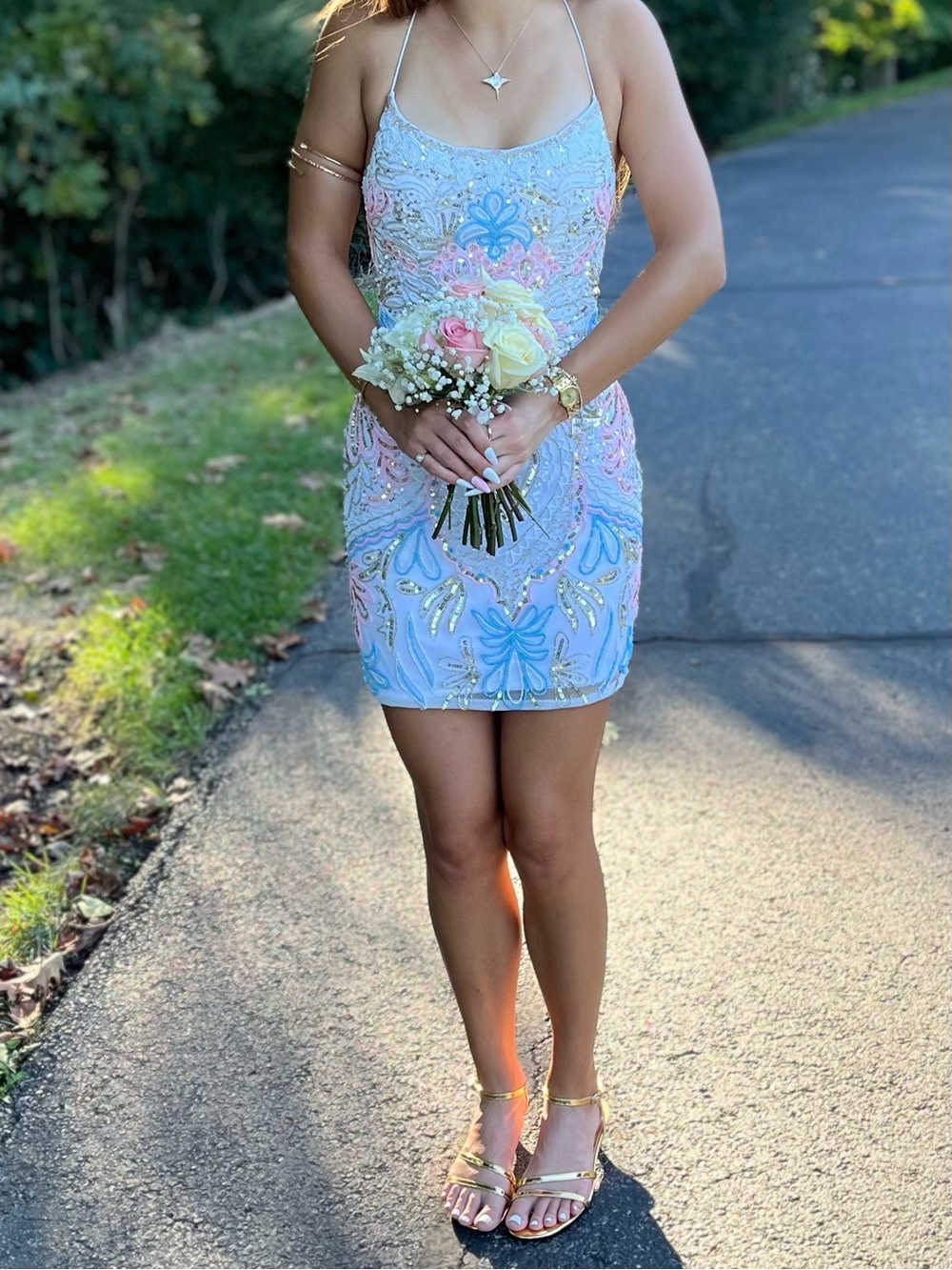 Primavera White Mini Dress with Pastel Pink, Blue & White beading & Gold sequins